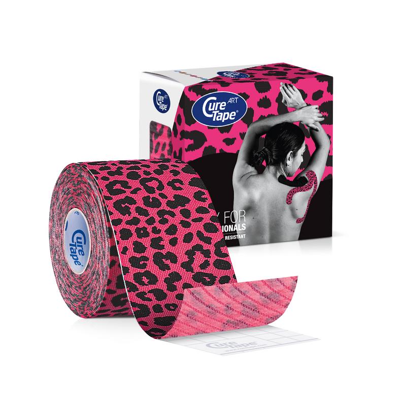 Cure Tape Art leopard sport tape, 5cm x 5m, showing vibrant leopard print design on flexible athletic tape roll