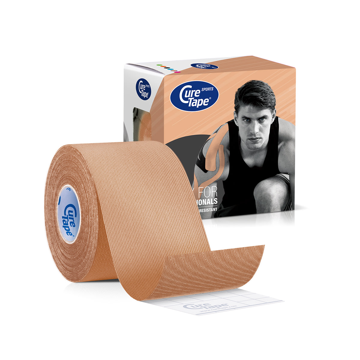 Beige Cure Tape sports tape 5cm x 5m, showing rolled athletic tape for muscle support and injury prevention.