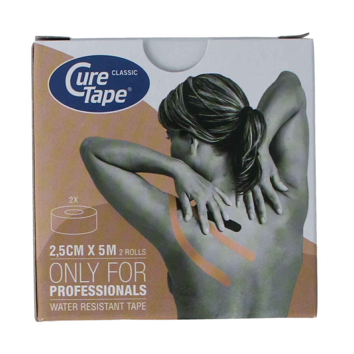 Beige Cure Tape Kinesiotape sporttapes, 2.5cm x 5m, shown in two strips, designed for athletic support and muscle relief.