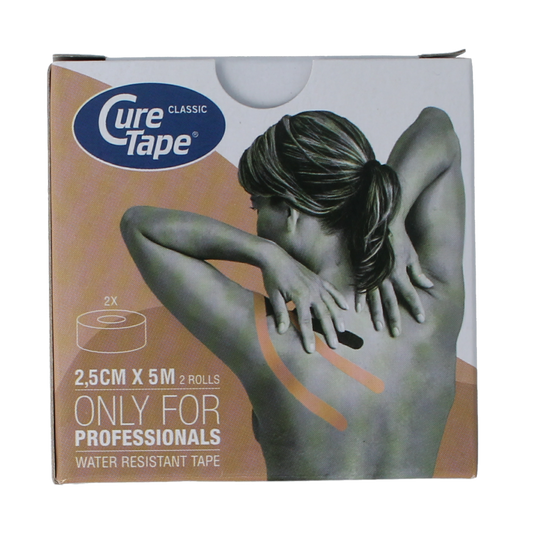 Beige Cure Tape Kinesiotape sporttapes, 2.5cm x 5m, shown in two strips, designed for athletic support and muscle relief.