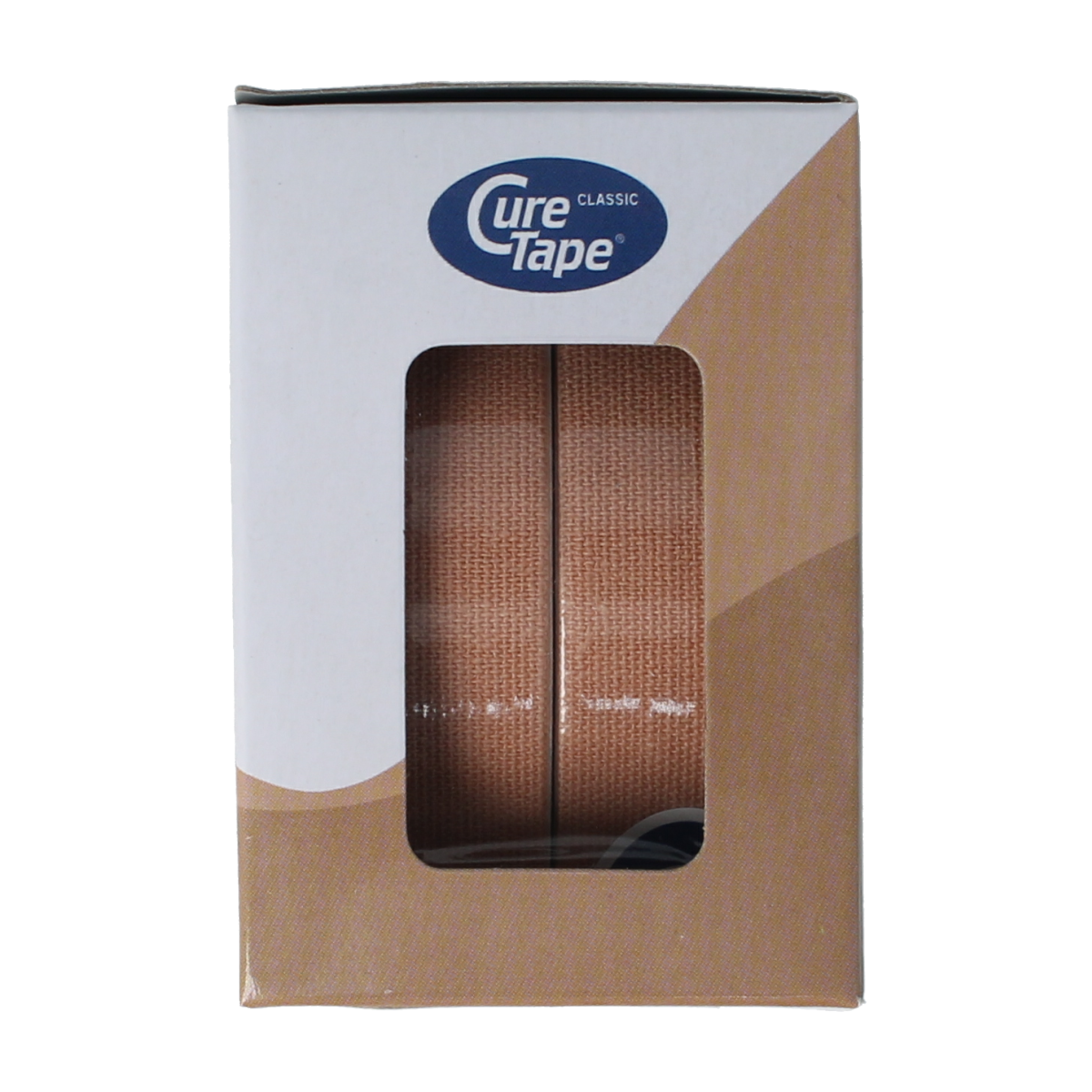 Cure Tape kinesiotape in beige, 2.5cm x 5m, sporttape for muscle support, shown in package with two rolls.