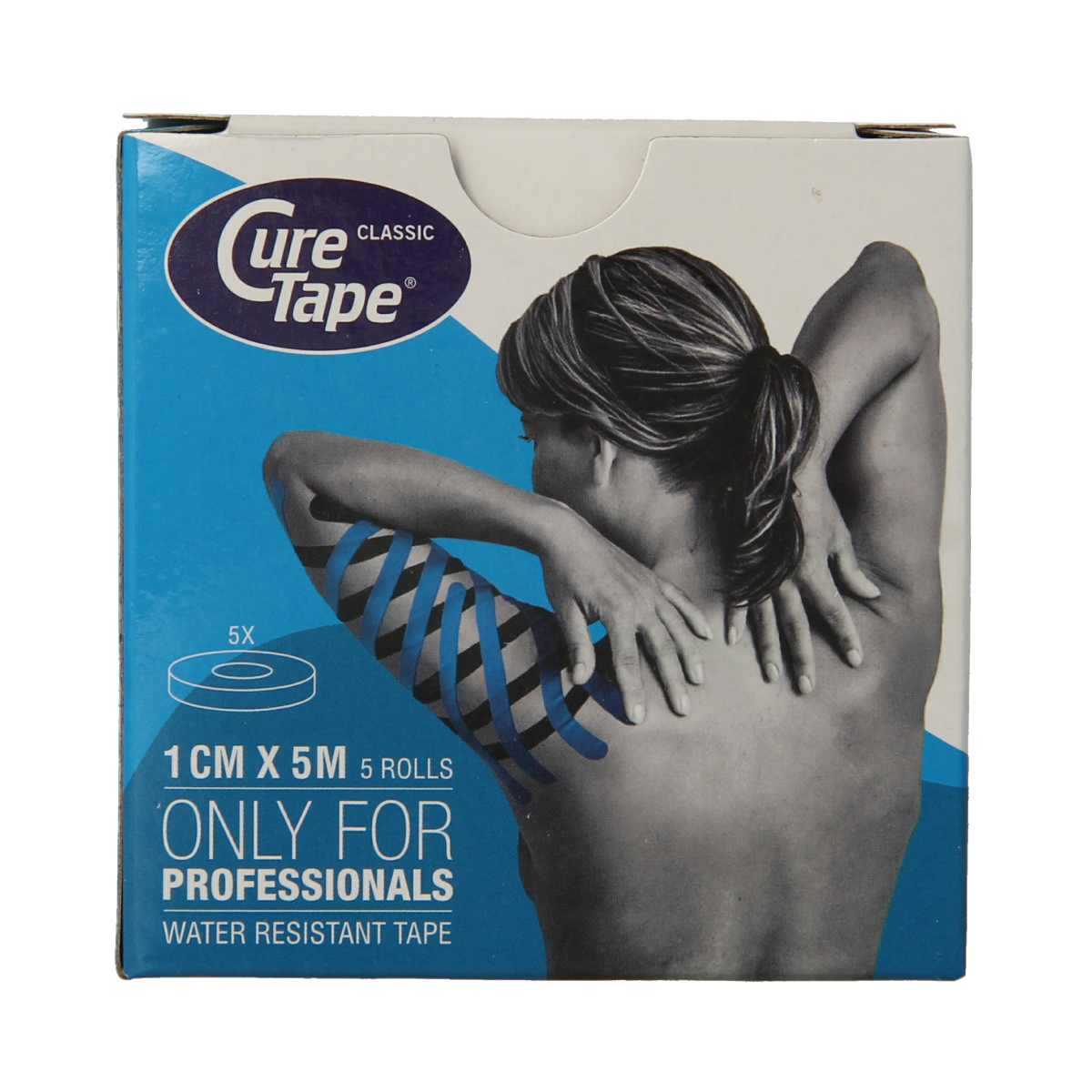 Blue Cure Tape kinesiotape for sports, 1cm x 5m, showing flexible tape strips for muscle support and injury prevention.
