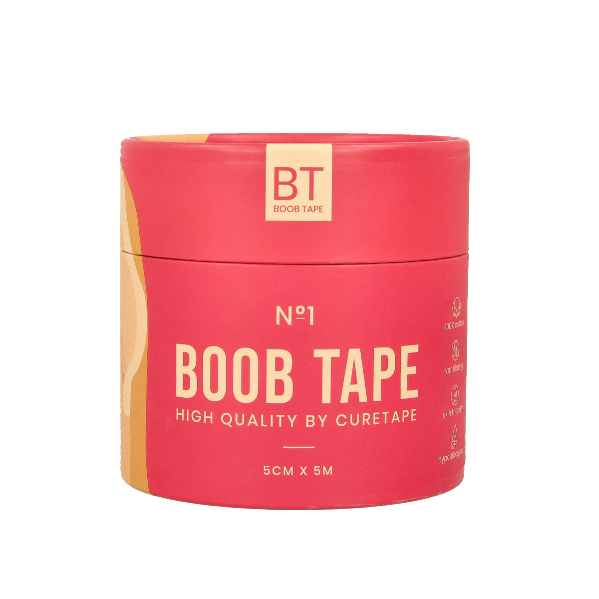 Cure Tape Boobtape no 1 with nipple covers, beige, 5cm x 5m, adhesive tape for skin, product image showing tape and covers