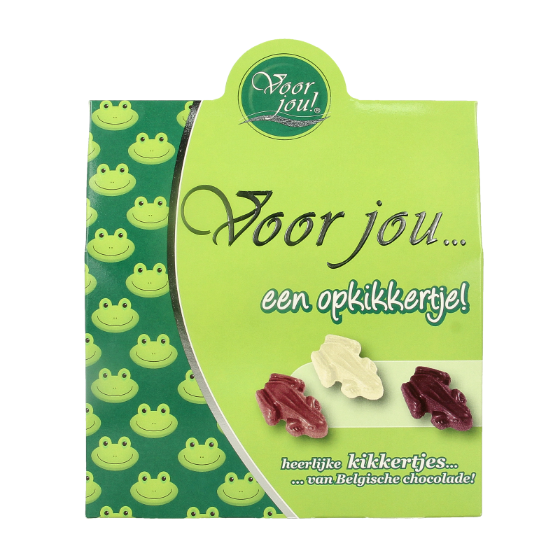 Voor Jou! cadeau doos met 100 gram chocolade opkikkertje, featuring assorted chocolates in a decorative gift box.