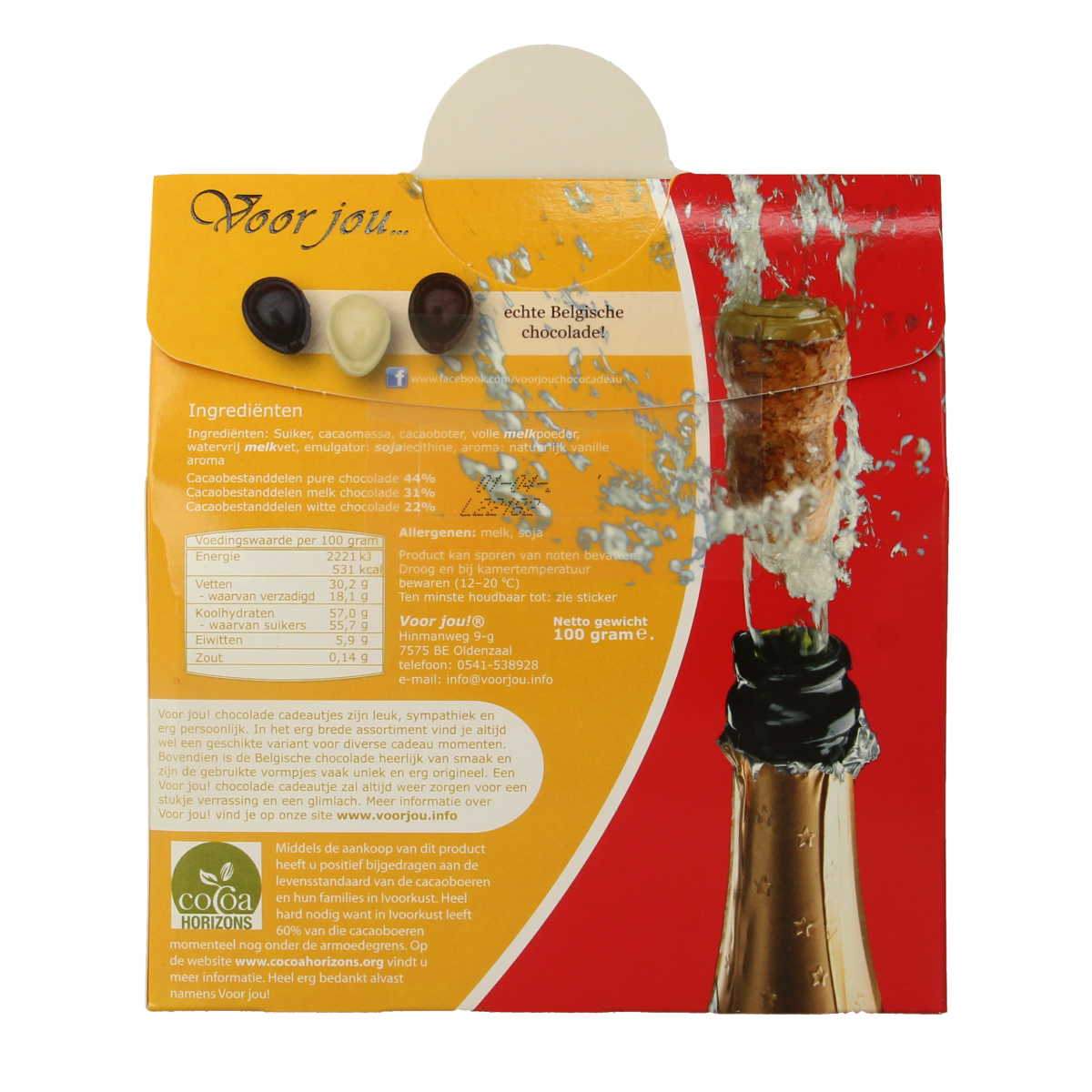 Voor Jou! chocolade cadeau doos met 100g gefeliciteerd tekst, featuring assorted chocolates in elegant packaging.
