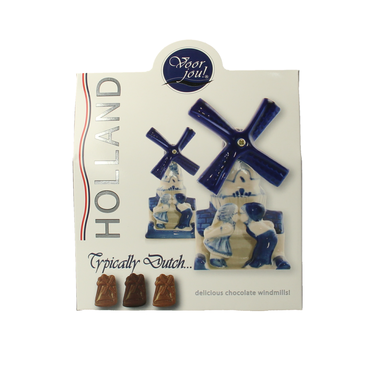 Voor Jou! Dutch windmill-shaped chocolate gift box, 100g, featuring a detailed windmill design on the chocolate packaging.