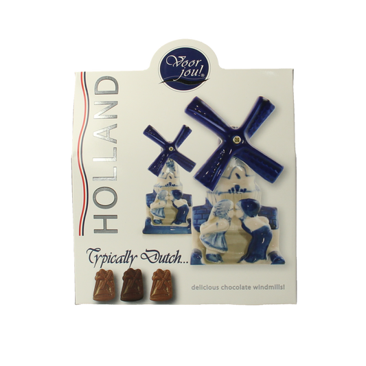 Voor Jou! Dutch windmill-shaped chocolate gift box, 100g, featuring a detailed windmill design on the chocolate packaging.