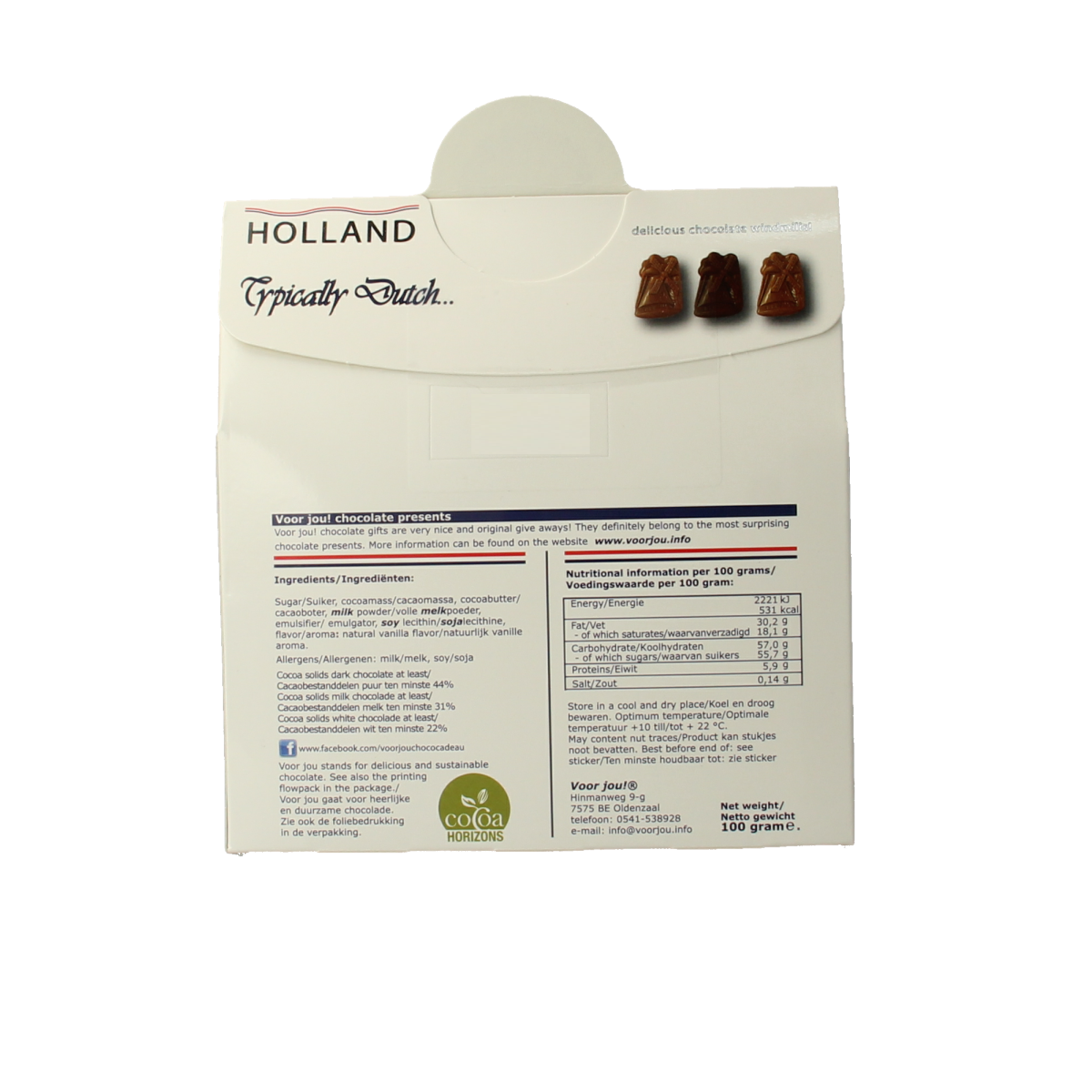 Voor Jou! Dutch windmill-shaped chocolate gift box, 100g, featuring detailed windmill design and rich Belgian chocolate.