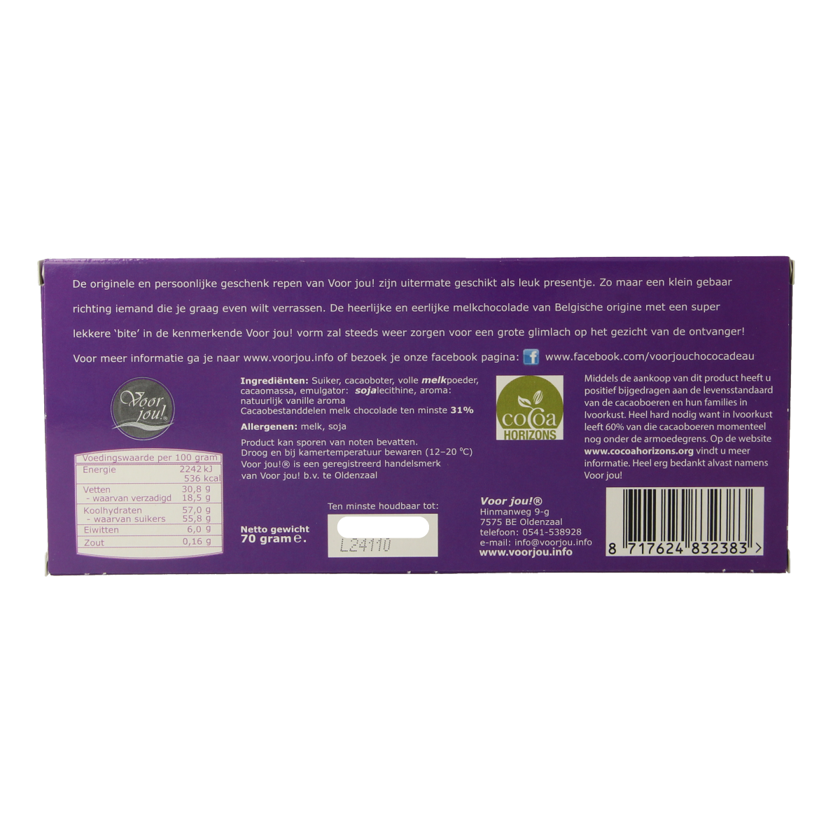 Voor Jou! Wensreep topper 70g, smooth chocolate topping with a rich, glossy finish, ideal for decorating desserts and confections.