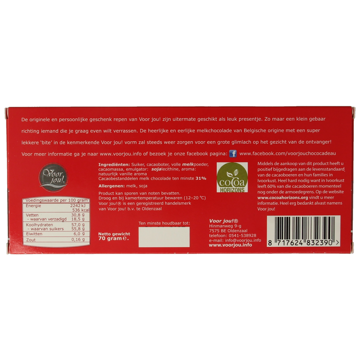 Voor Jou! Wensreep Kanjer chocolade bar, 70g, with colorful packaging and rich chocolate texture visible in the image.