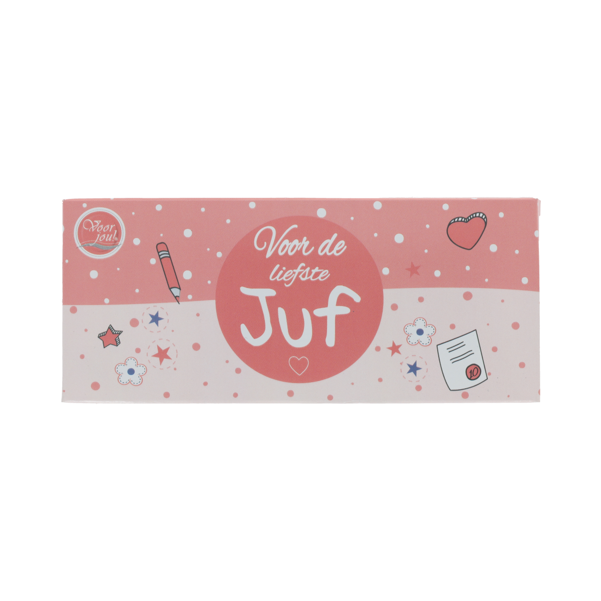 Voor Jou! Chocolade wensreep Juf, 70g, featuring colorful design and branding, ideal for gifting or special occasions.