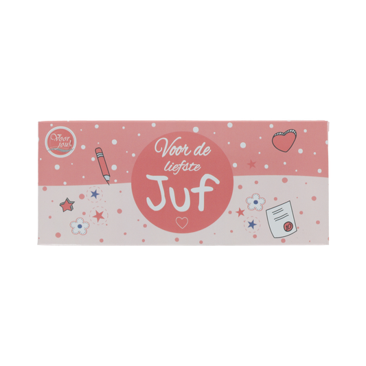 Voor Jou! Chocolade wensreep Juf, 70g, featuring colorful design and branding, ideal for gifting or special occasions.