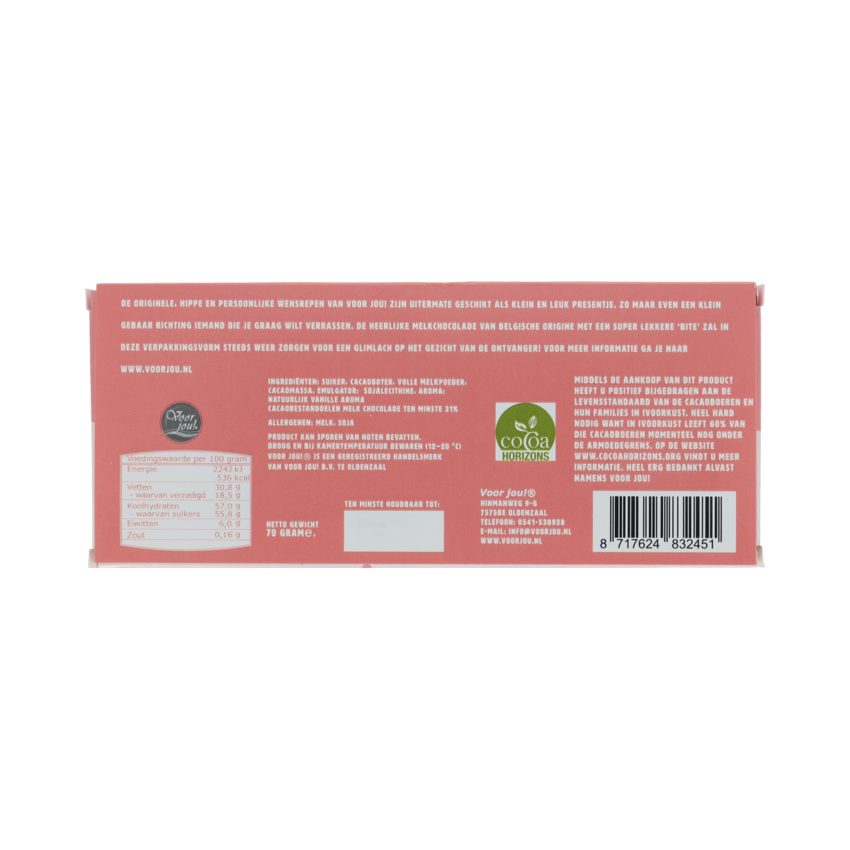 Voor Jou! Wensreep Juf 70g chocolate bar with colorful packaging and festive design, perfect for gifting or celebrations