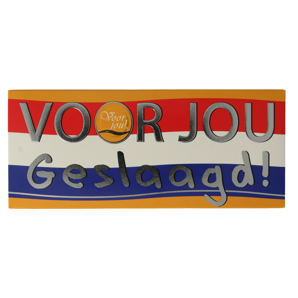 Voor Jou! Wensreep geslaagd chocolade, 70g, with colorful packaging and crisp texture in a close-up image.