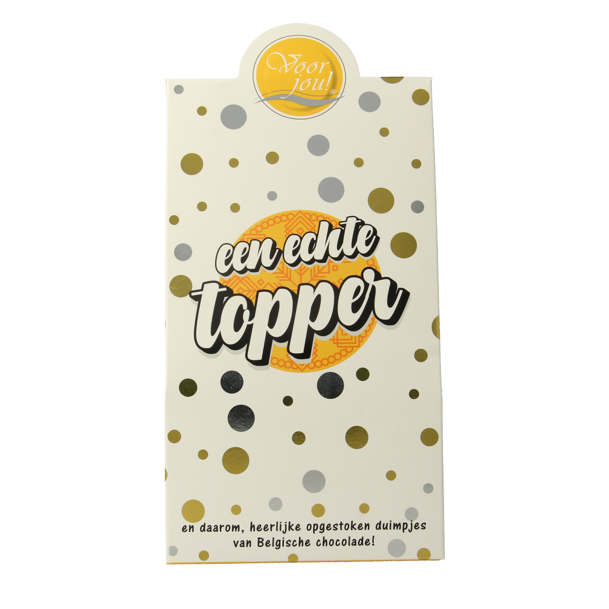 Voor Jou! Cadeau doos young duimpjes chocolade topper, 100g, with colorful chocolate thumb-shaped candies on a white background.
