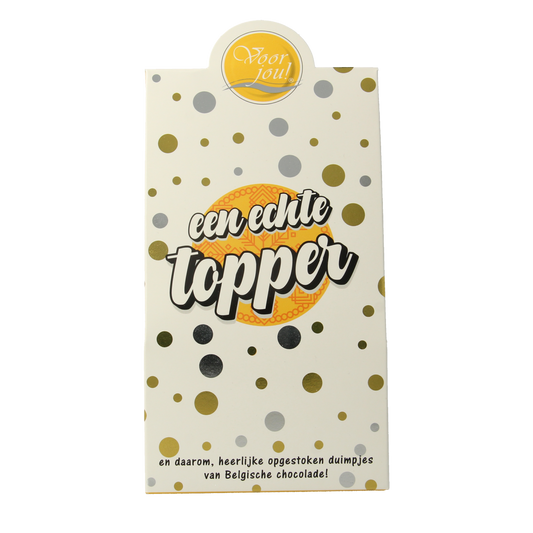 Voor Jou! Cadeau doos young duimpjes chocolade topper, 100g, with colorful chocolate thumb-shaped candies on a white background.