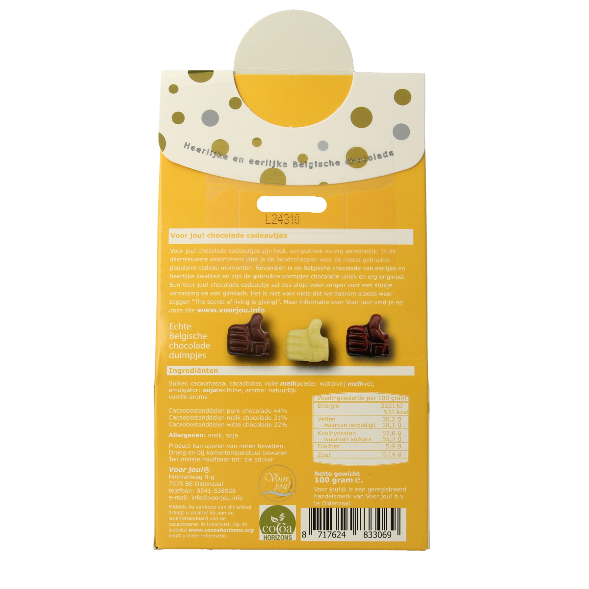 Voor Jou! Cadeau doos young duimpjes chocolade topper, 100g, with miniature chocolate thumbs in a decorative gift box.
