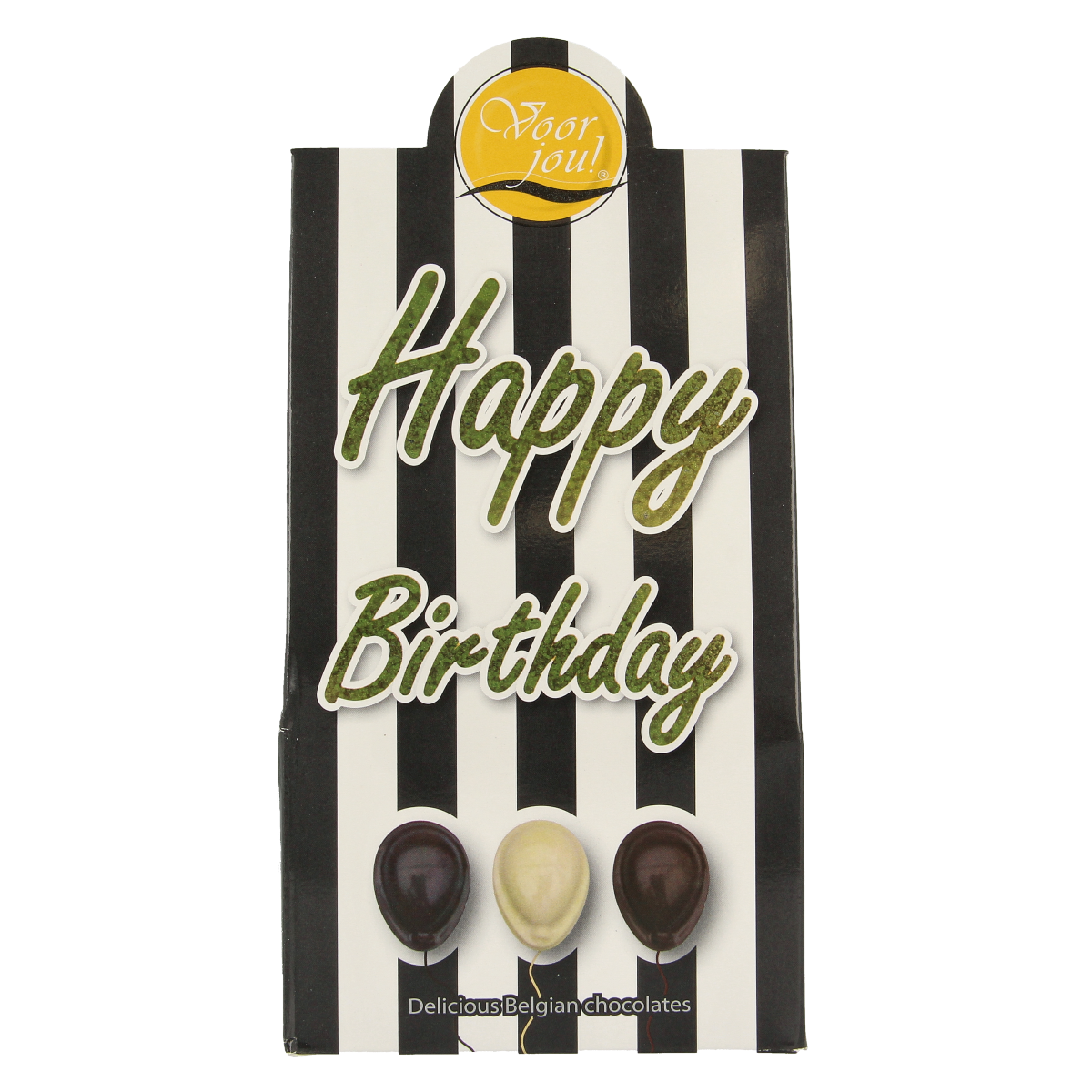 Voor Jou! black and white happy birthday chocolate gift box, 100 grams, featuring elegant packaging and assorted chocolates.