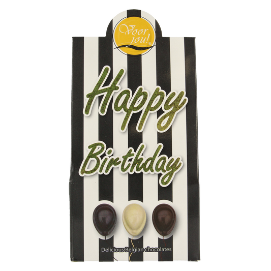 Voor Jou! black and white happy birthday chocolate gift box, 100 grams, featuring elegant packaging and assorted chocolates.