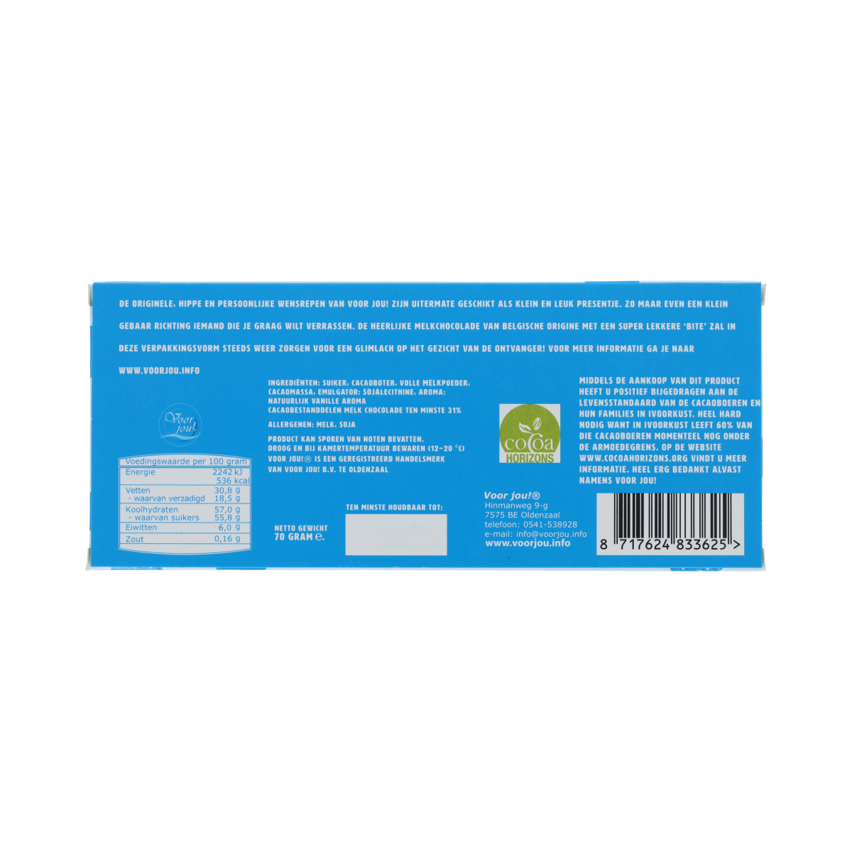 Voor Jou! Wensreep melkchocolade lieve pap, 70g, showing a chocolate bar with colorful packaging and playful design.