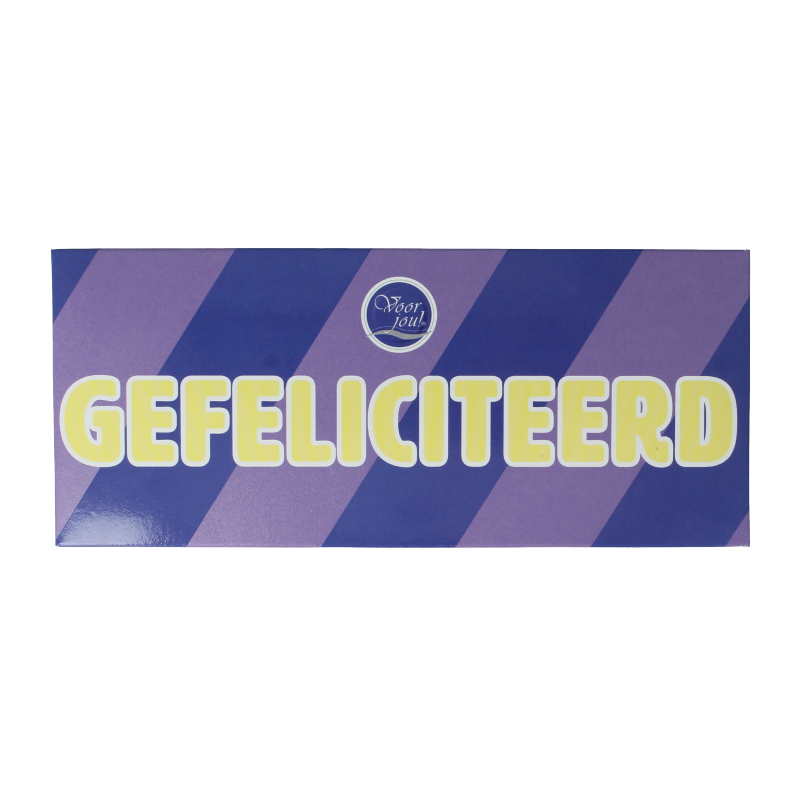 Voor Jou! melkchocolade wensreep met "Gefeliciteerd" tekst, 70 gram, showing colorful chocolate bar and festive design.
