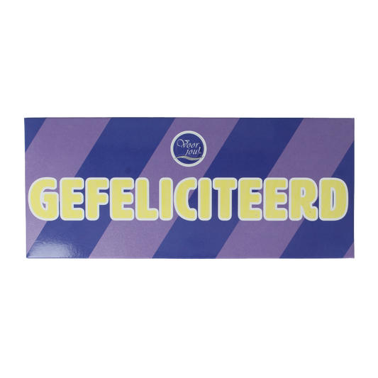 Voor Jou! melkchocolade wensreep met "Gefeliciteerd" tekst, 70 gram, showing colorful chocolate bar and festive design.