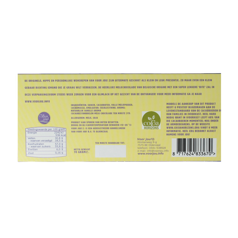 Voor Jou! melkchocolade wensreep met "Gefeliciteerd" tekst, 70 gram, featuring a chocolate bar with celebratory message.