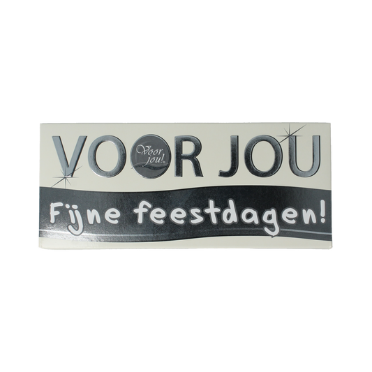 Voor Jou! feestdagen chocolade wensreep 70g with festive holiday design and colorful wrapping.