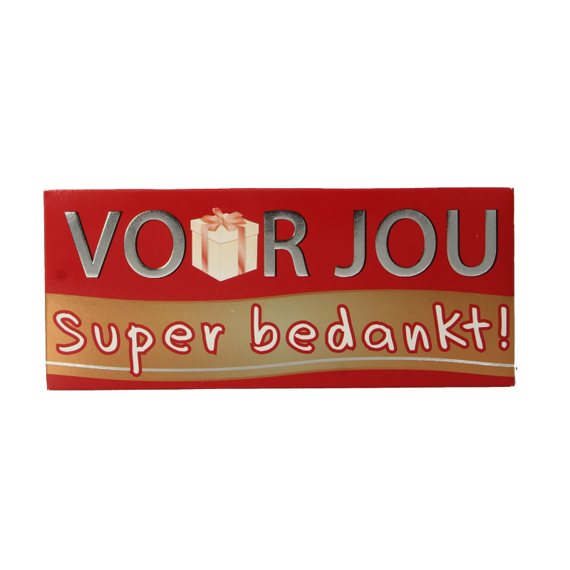 Voor Jou! super bedankt chocolate bar in 70g, featuring a colorful wrapper with "Wensreep" and "super bedankt" text.