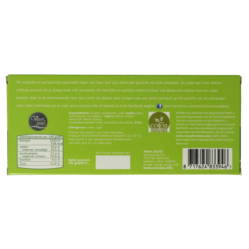 Voor Jou! Wensreep opkikkertje chocolade, 70 gram, showing a colorful chocolate bar with bright packaging.