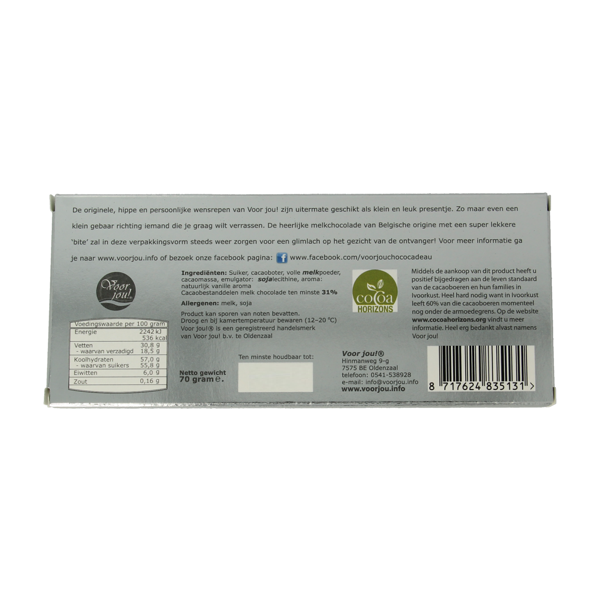 Voor Jou! Wensreep chocolade cadeaureep, 70g, with colorful wrapping and festive design, ideal for gifting.