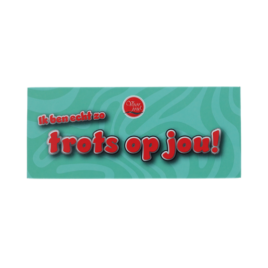Voor Jou! Wensreep trots op jou 70g chocolade bar with colorful packaging and brand logo.