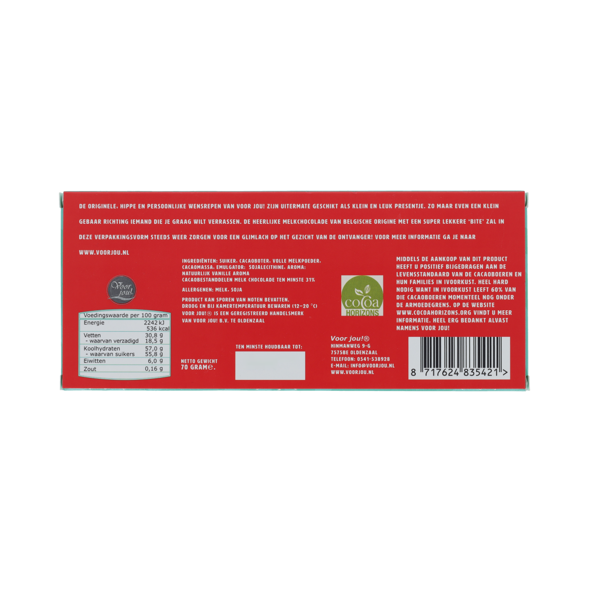Voor Jou! Wensreep trots op jou 70g chocolade bar with colorful packaging featuring celebratory design and branding.