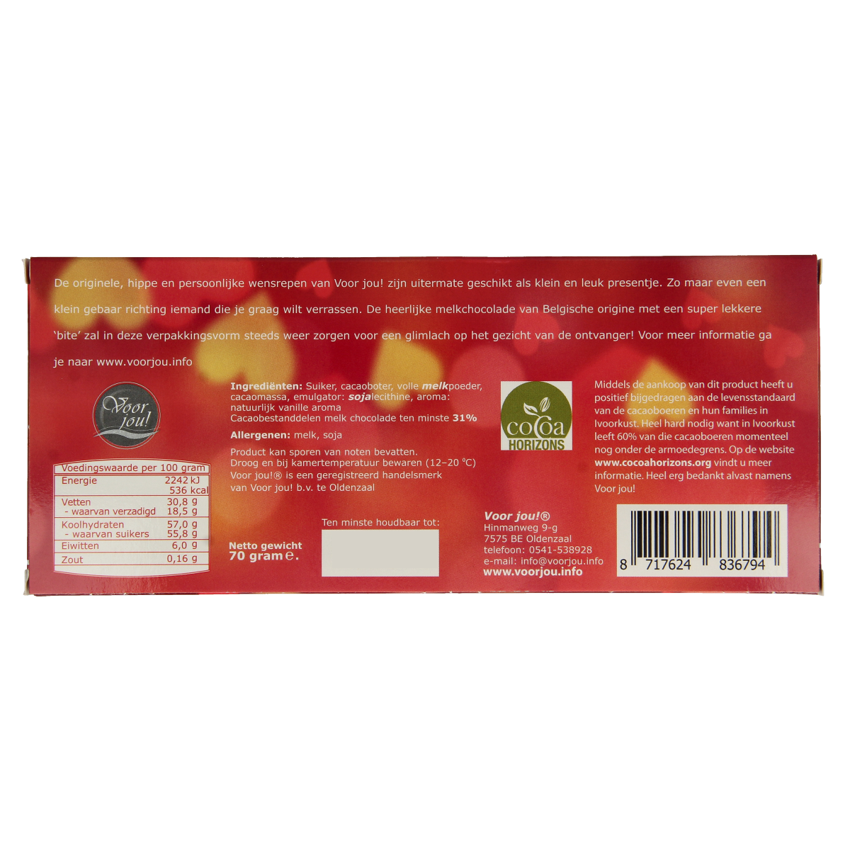 Voor Jou! Wensreep schatje chocolade bar, 70g, with colorful packaging and a smooth chocolate surface.