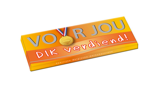 Voor Jou! chocolate Wensreep dik verdiend, 70g, with colorful packaging and a smooth chocolate bar visible in the image.