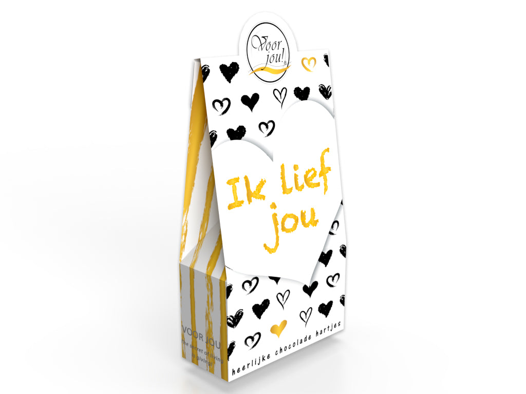 Voor Jou! Cadeaudoosje met 100g chocolade, lief jou ontwerp, featuring a decorative chocolate box with a loving message.