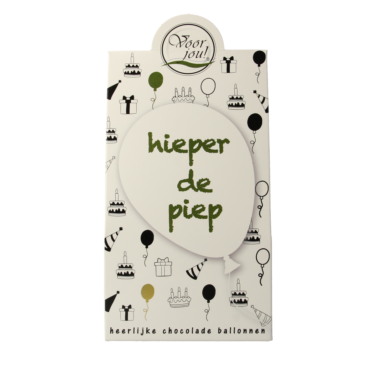 Voor Jou! chocolade cadeau doos hieperdepiep 2, 100g, featuring colorful, decorative chocolate pieces in a festive box.