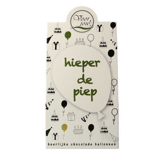 Voor Jou! chocolade cadeau doos hieperdepiep 2, 100g, featuring colorful, decorative chocolate pieces in a festive box.