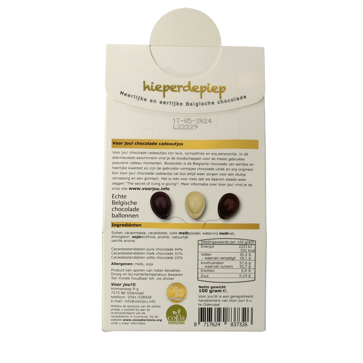 Voor Jou! chocolade cadeau doos Hieperdepiep 2, 100g, featuring colorful wrapped chocolates in a decorative box.