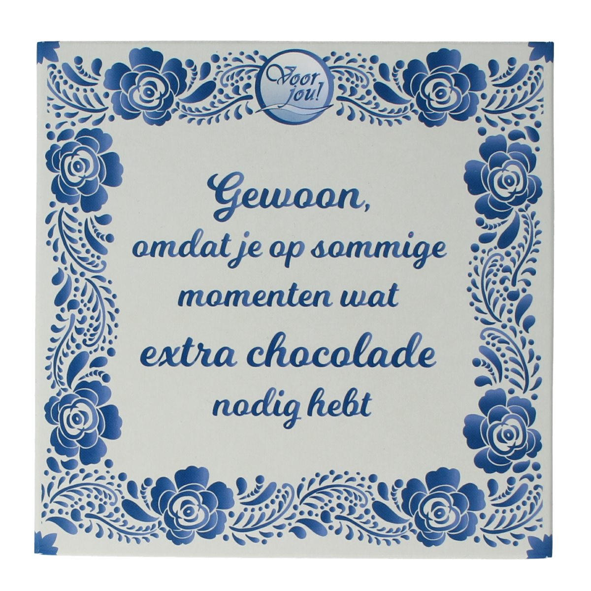 Voor Jou! Delftsblauw chocolade wensreep, 75g, with traditional blue floral design on the chocolate bar.