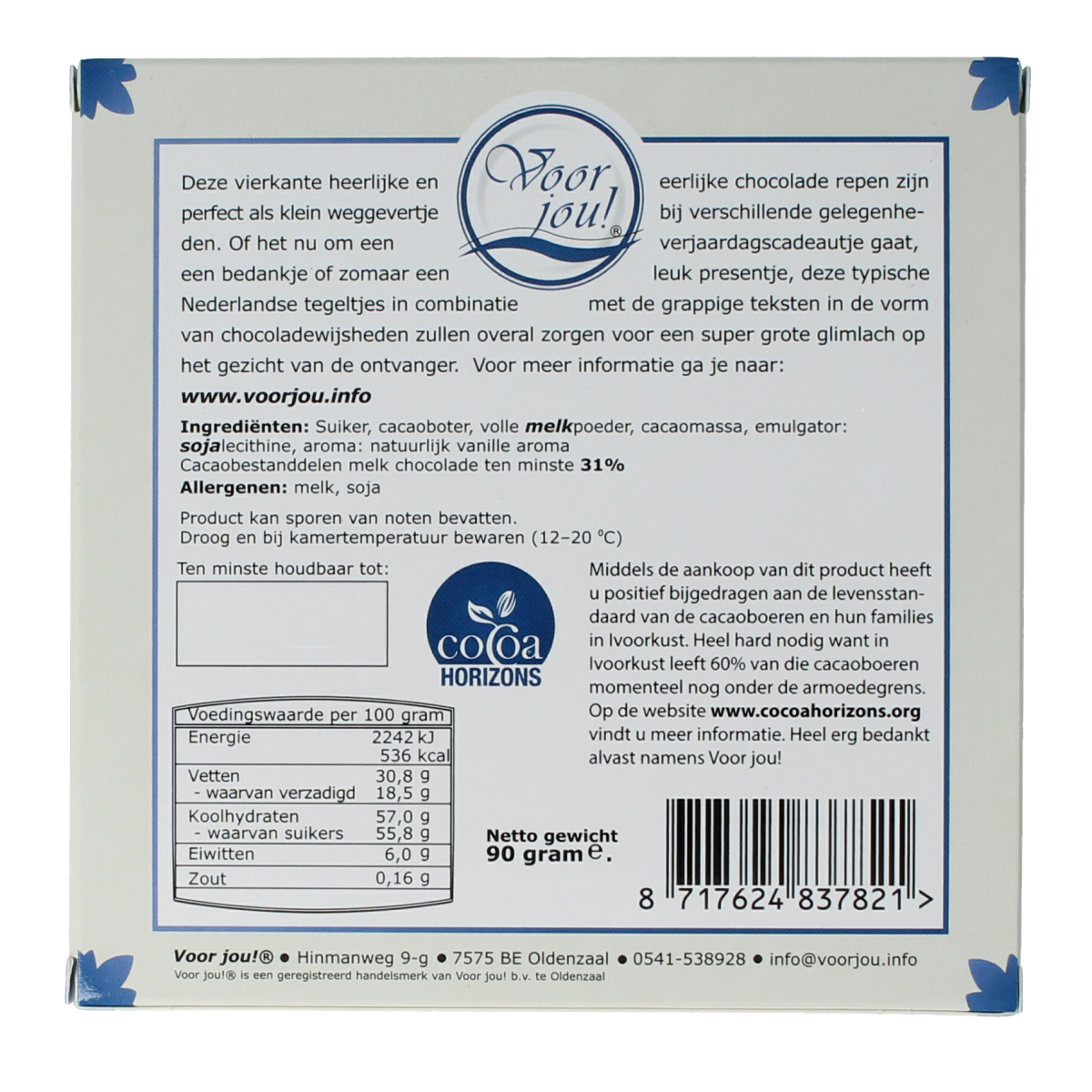 Voor Jou! Delftsblauw chocolade wensreep, 75g, with blue and white Delftware-inspired design on the chocolate bar.