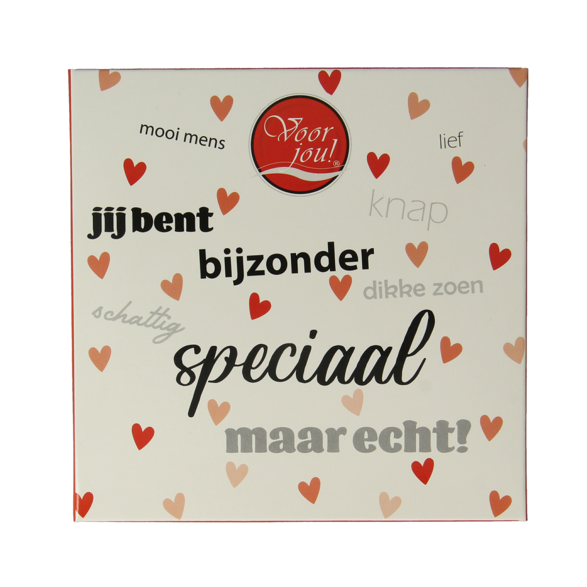 Voor Jou! chocolade tablet weighing 90g, with special and unique design, featuring rich chocolate texture and branding.