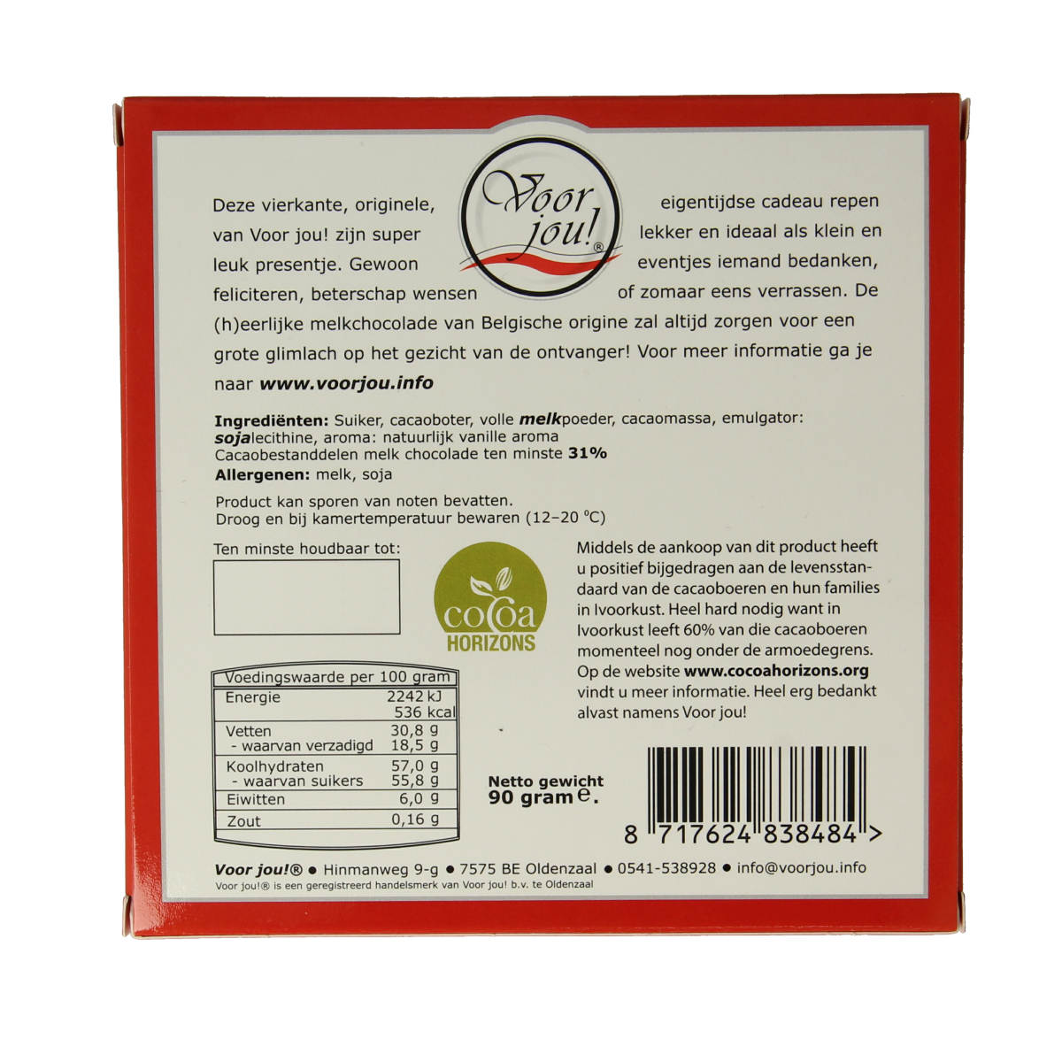 Voor Jou! Chocolade tablet weighing 90 grams, with a special and unique design, shown in the image.
