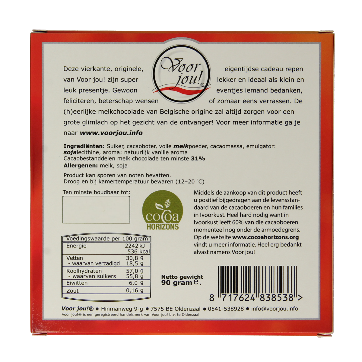 Voor Jou! chocolate tablet topper, 90g, with a smooth, glossy chocolate surface and decorative edible accents.