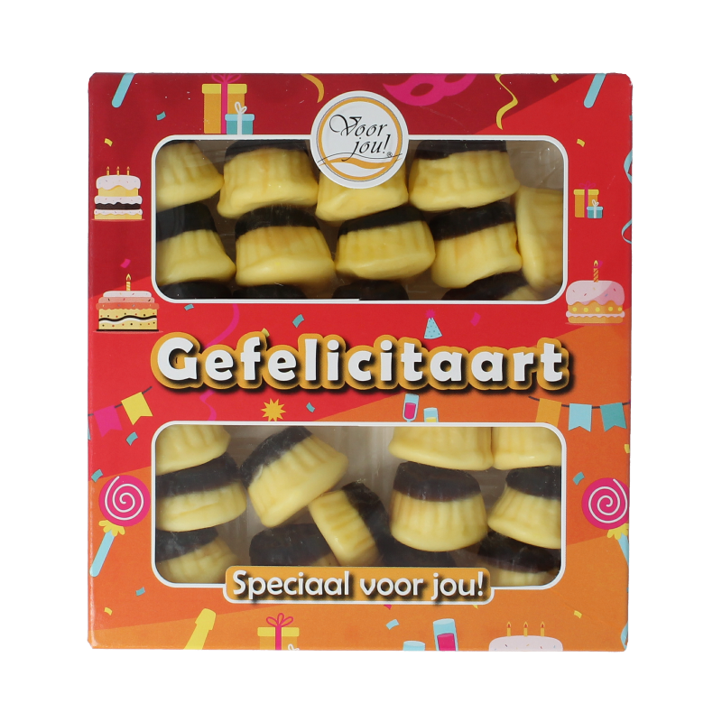 Voor Jou! Gefeliciteart snoepgoed in 130 grams, colorful sweets in a clear bag with festive packaging.