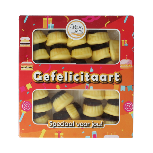 Voor Jou! Gefeliciteart snoepgoed in 130 grams, colorful sweets in a clear bag with festive packaging.