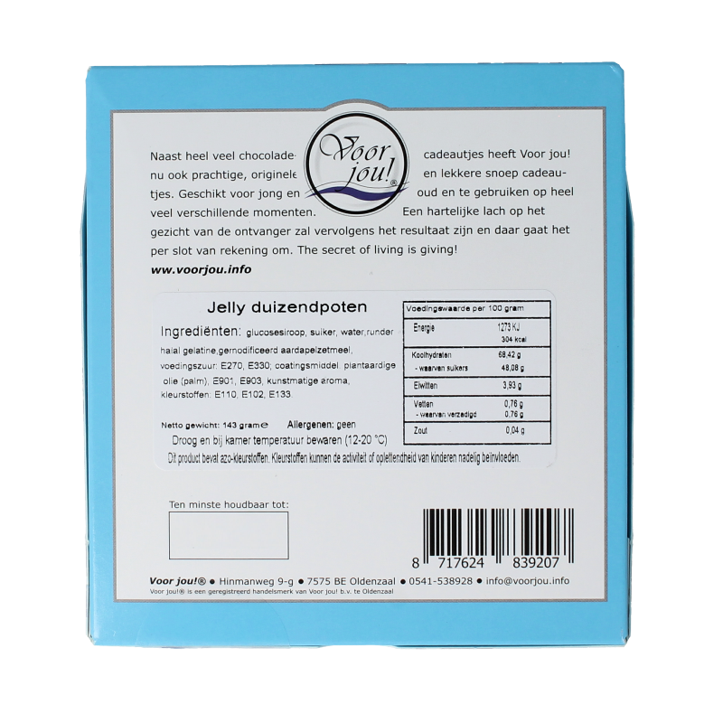 Voor Jou! 1000x bedankt 143 gram snoepgoed, colorful candies in a clear bag, celebrating gratitude with sweet treats