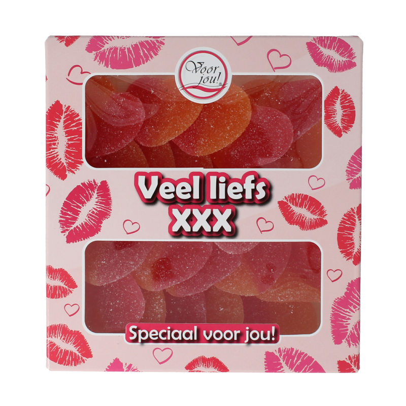Voor Jou! Veel liefs XXX snoepgoed in 143 gram packaging, colorful candies with the brand's label visible.