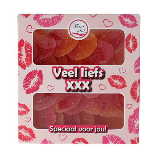 Voor Jou! Veel liefs XXX snoepgoed in 143 gram packaging, colorful candies with the brand's label visible.
