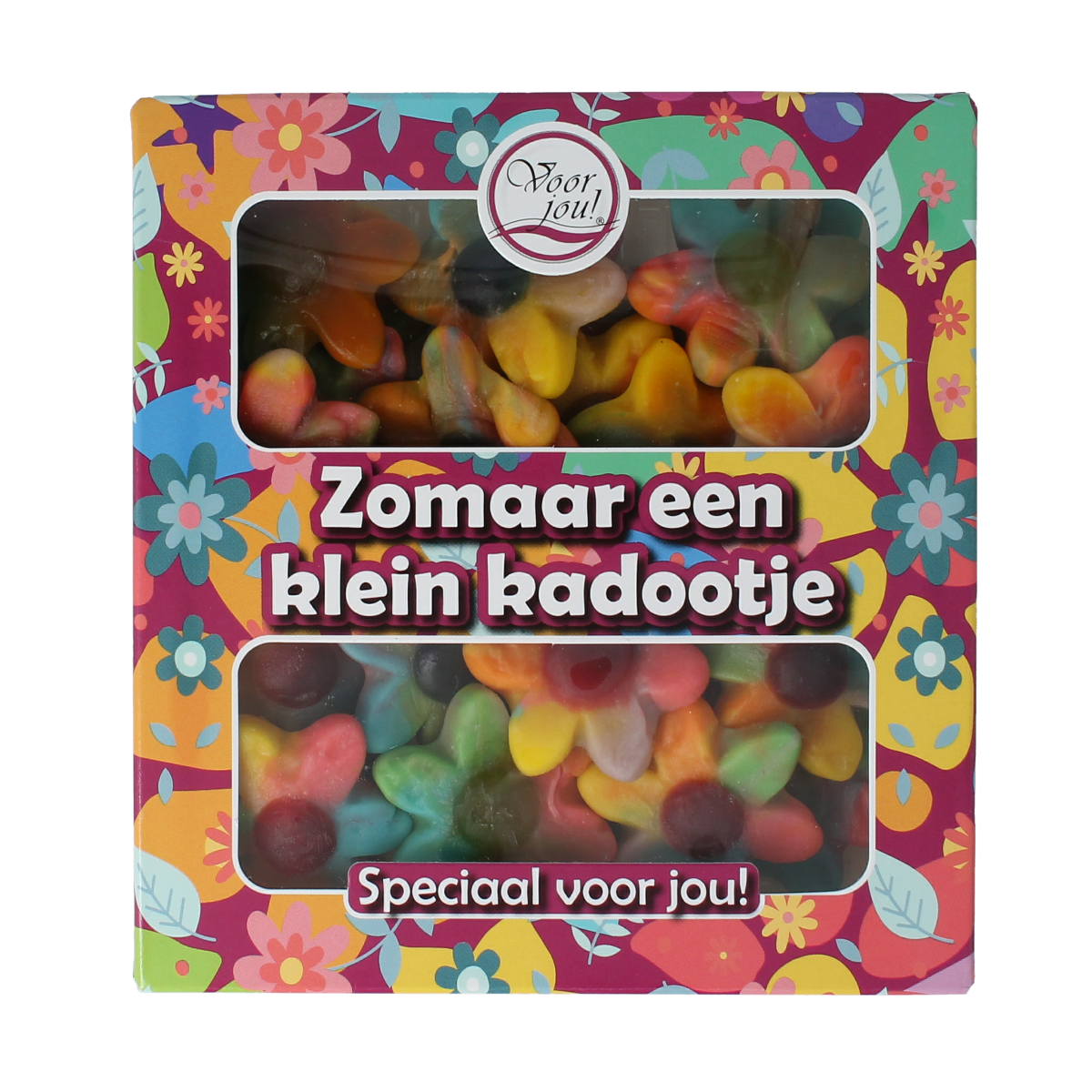 Voor Jou! Zomaar een klein kadootje snoepgoed in een 149g verpakking, kleurrijke snoepjes in een feestelijk geschenkdoos